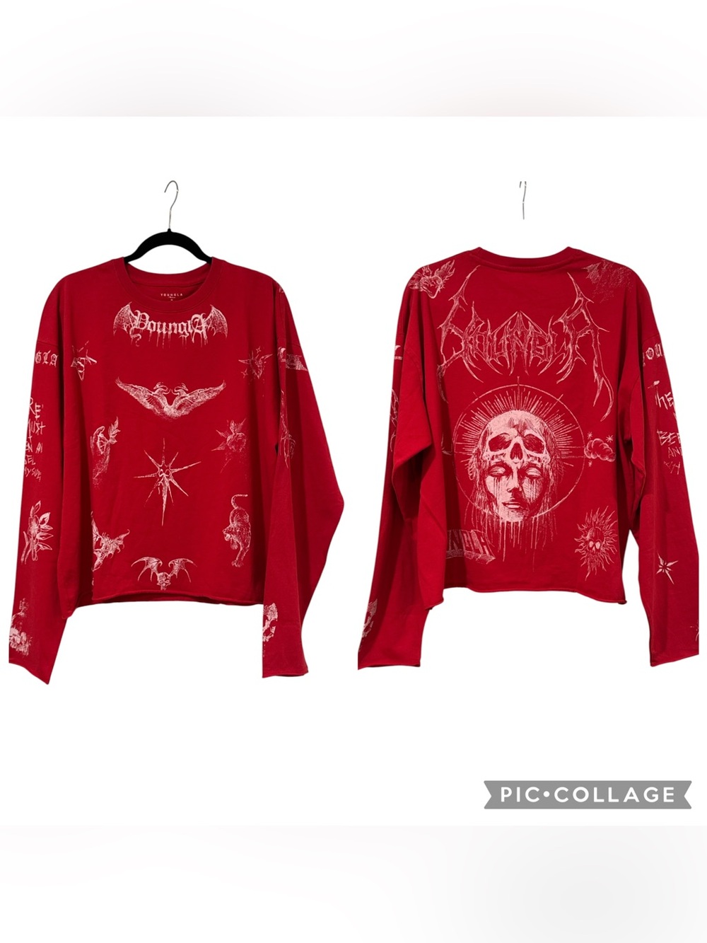 YoungLA Red White Gothic Graphic Skull Long Sleeve T-Shirt Streetwear Size M